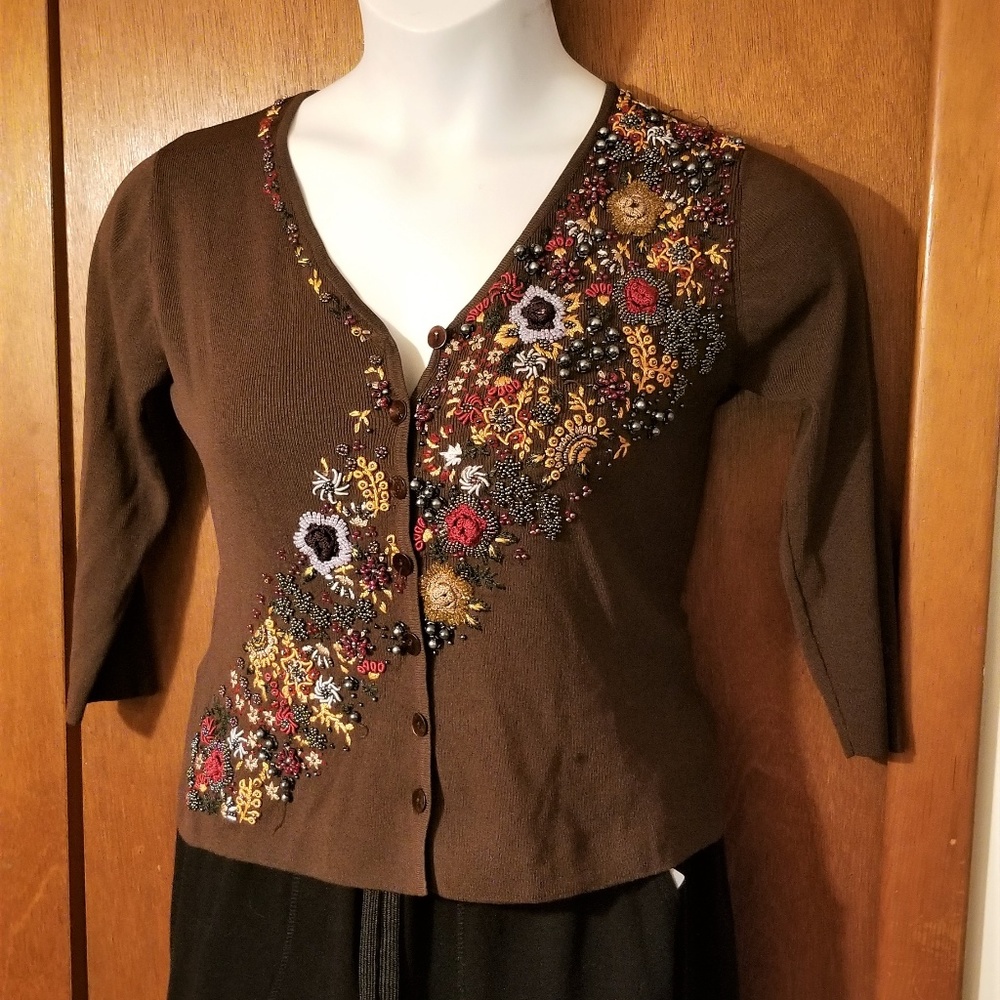 LouLou Beaded Embellished Floral Button Cardigan S